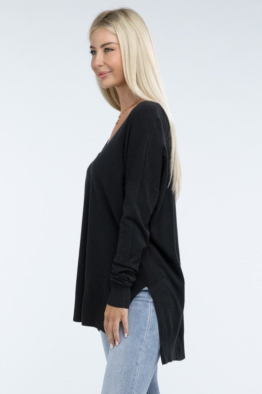 Zenana Hi-Low Hem Front Seam Sweater