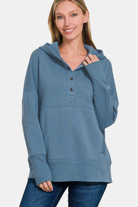 Zenana Half Snap Hoodie in Dusty Blue