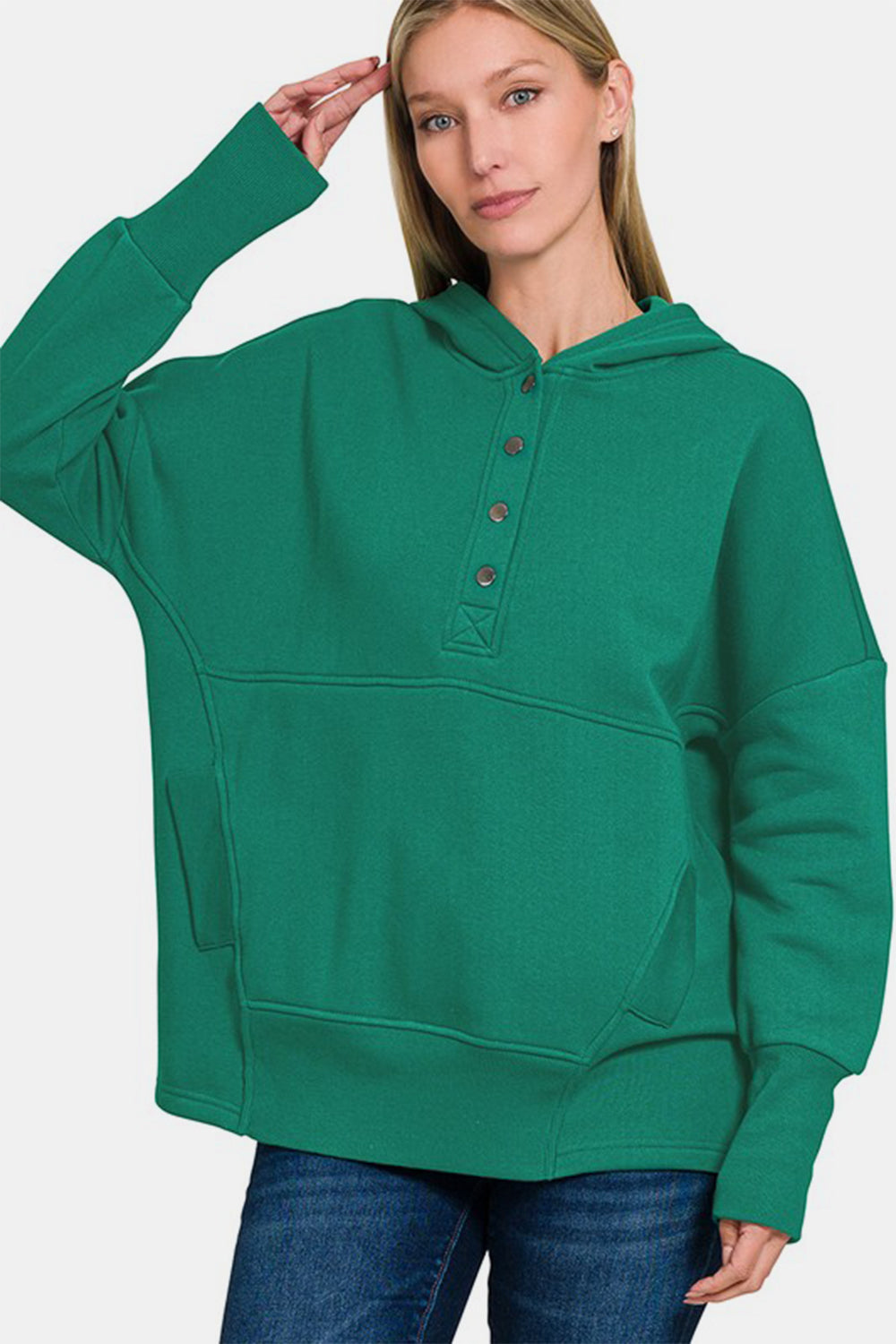 Zenana Half Snap Hoodie in Dark Green