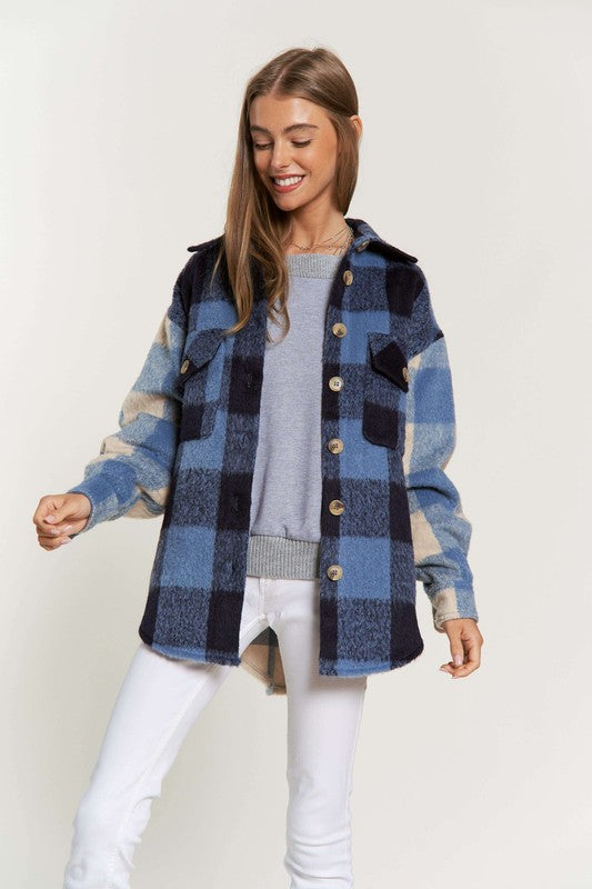 D & D Mixed Blue Plaid Shacket