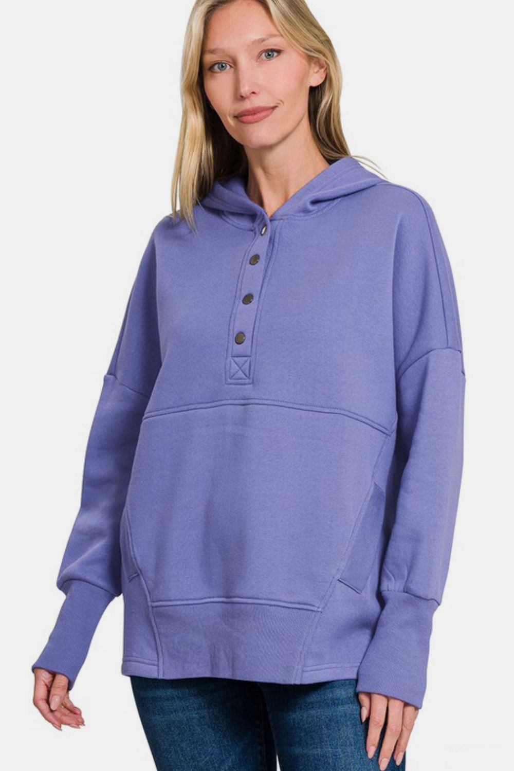 Zenana Half Snap Hoodie in Blue Purple