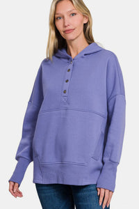 Zenana Half Snap Hoodie in Blue Purple