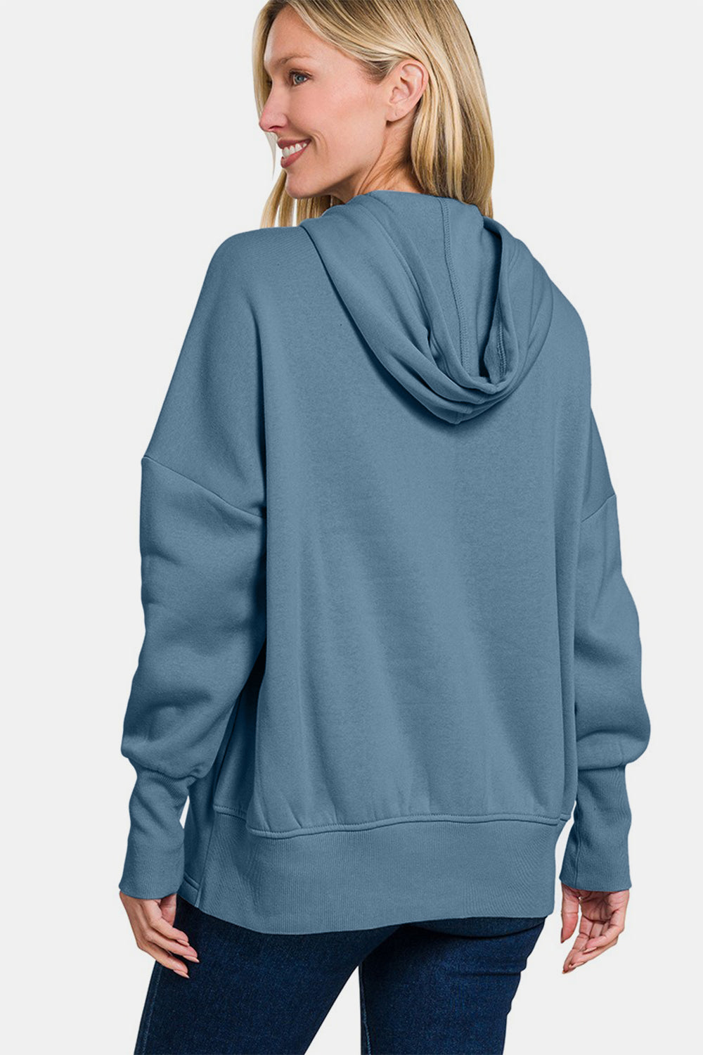 Zenana Half Snap Hoodie in Dusty Blue