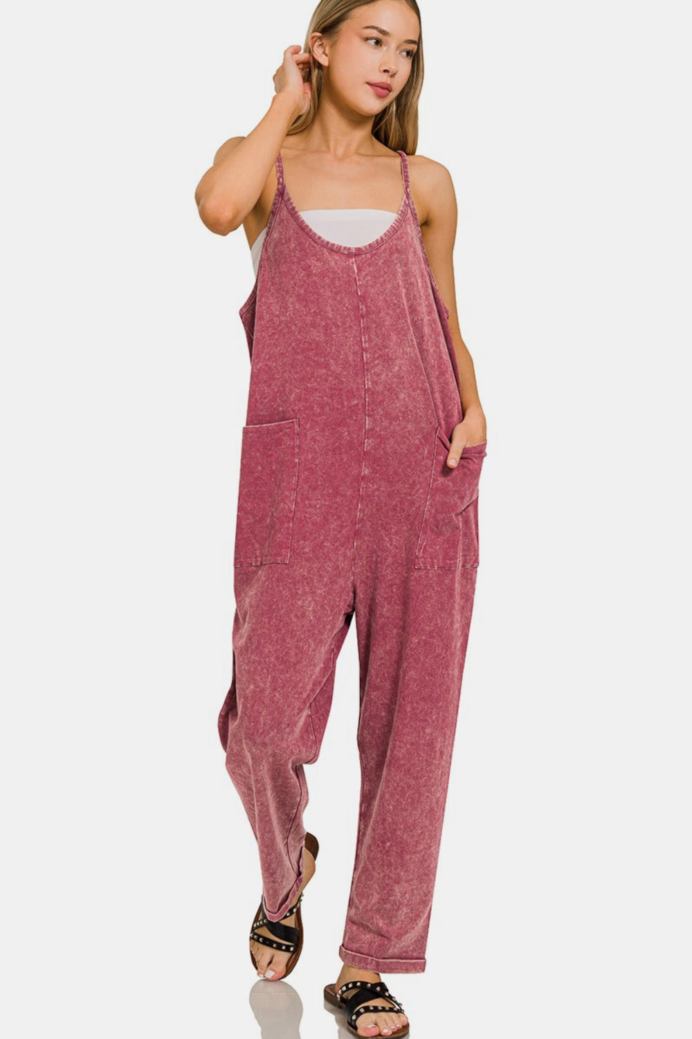 Zenana Washed Overalls in Burgundy