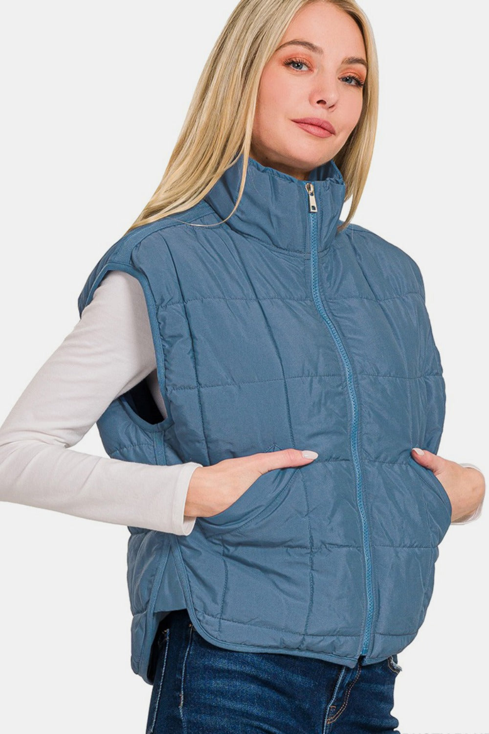 Zenana Puffer Vest in Dusty Blue