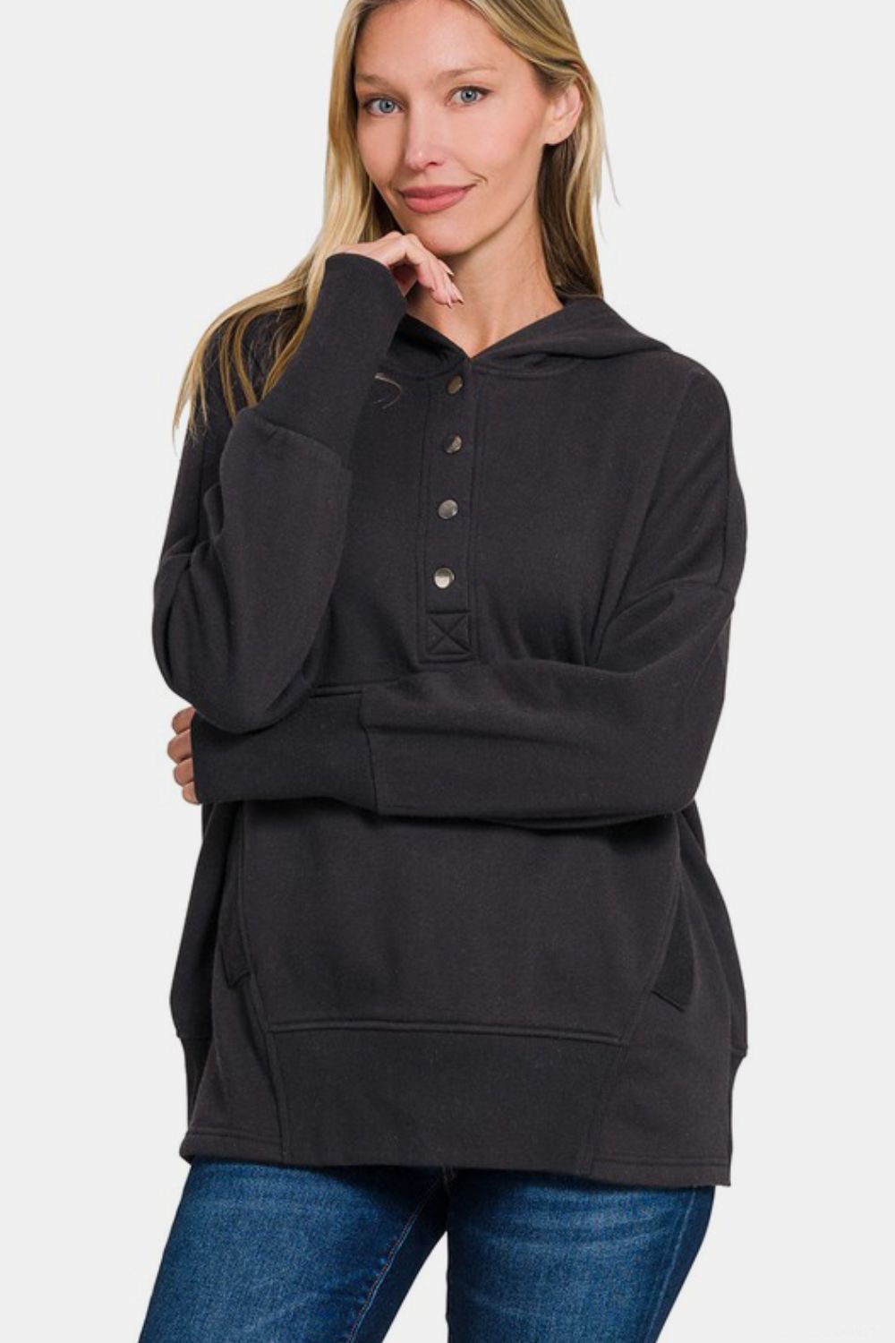 Zenana Half Snap Hoodie in Black