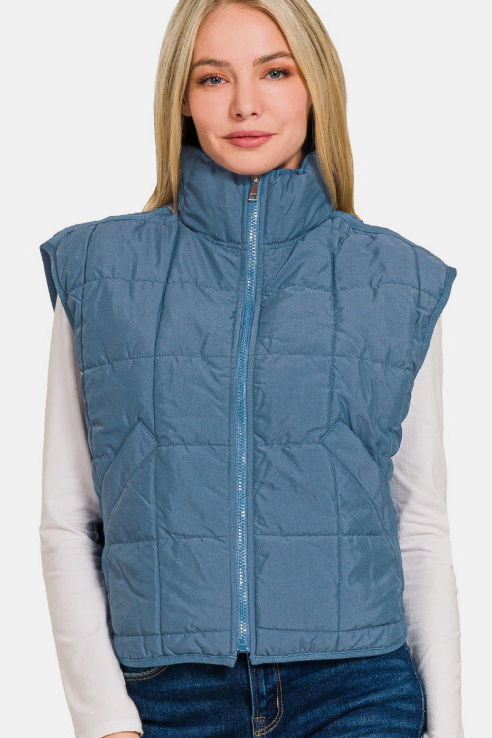 Zenana Puffer Vest in Dusty Blue