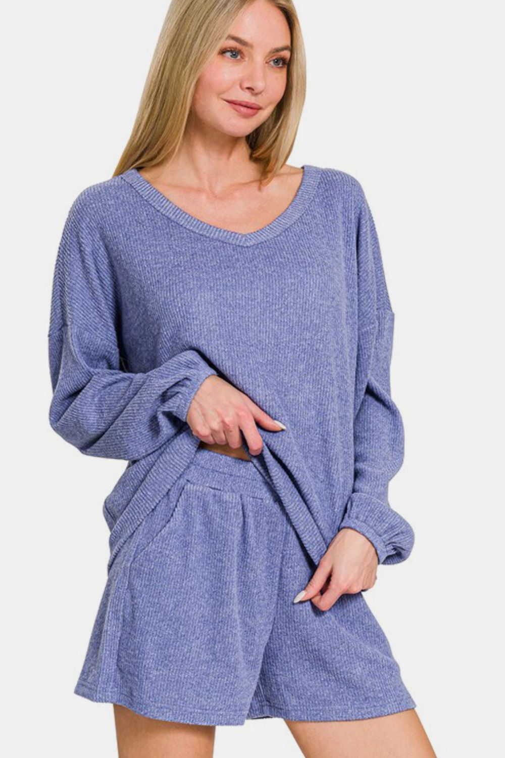 Zenana Long Sleeve Ribbed Top and Shorts Set in Blue Purple