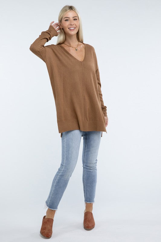 Zenana Hi-Low Hem Front Seam Sweater