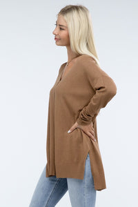 Zenana Hi-Low Hem Front Seam Sweater