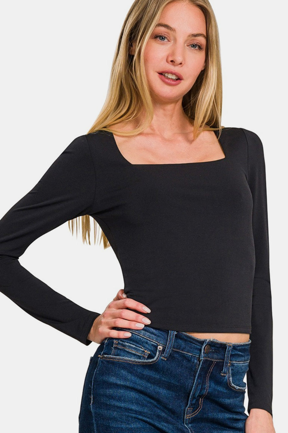 Zenana Square Neck Long Sleeve Tee in Black