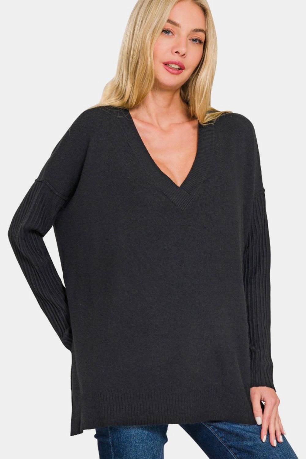 Zenana High-Low Sweater in Black