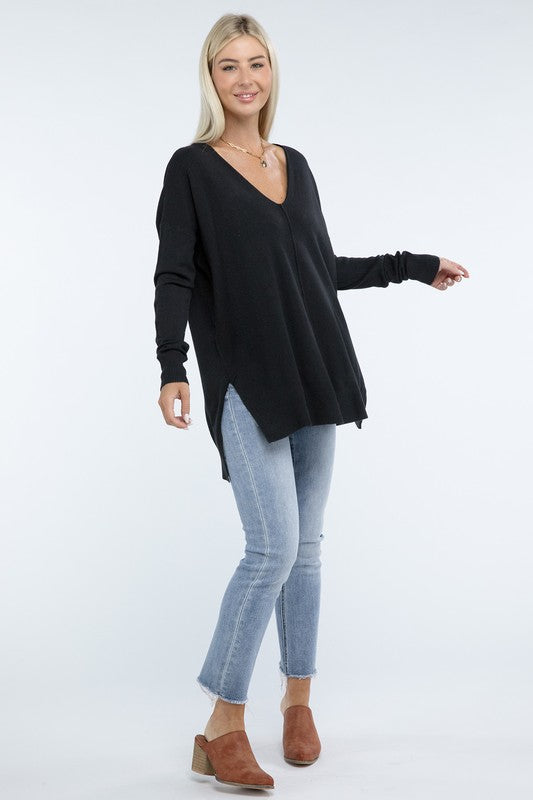 Zenana Hi-Low Hem Front Seam Sweater