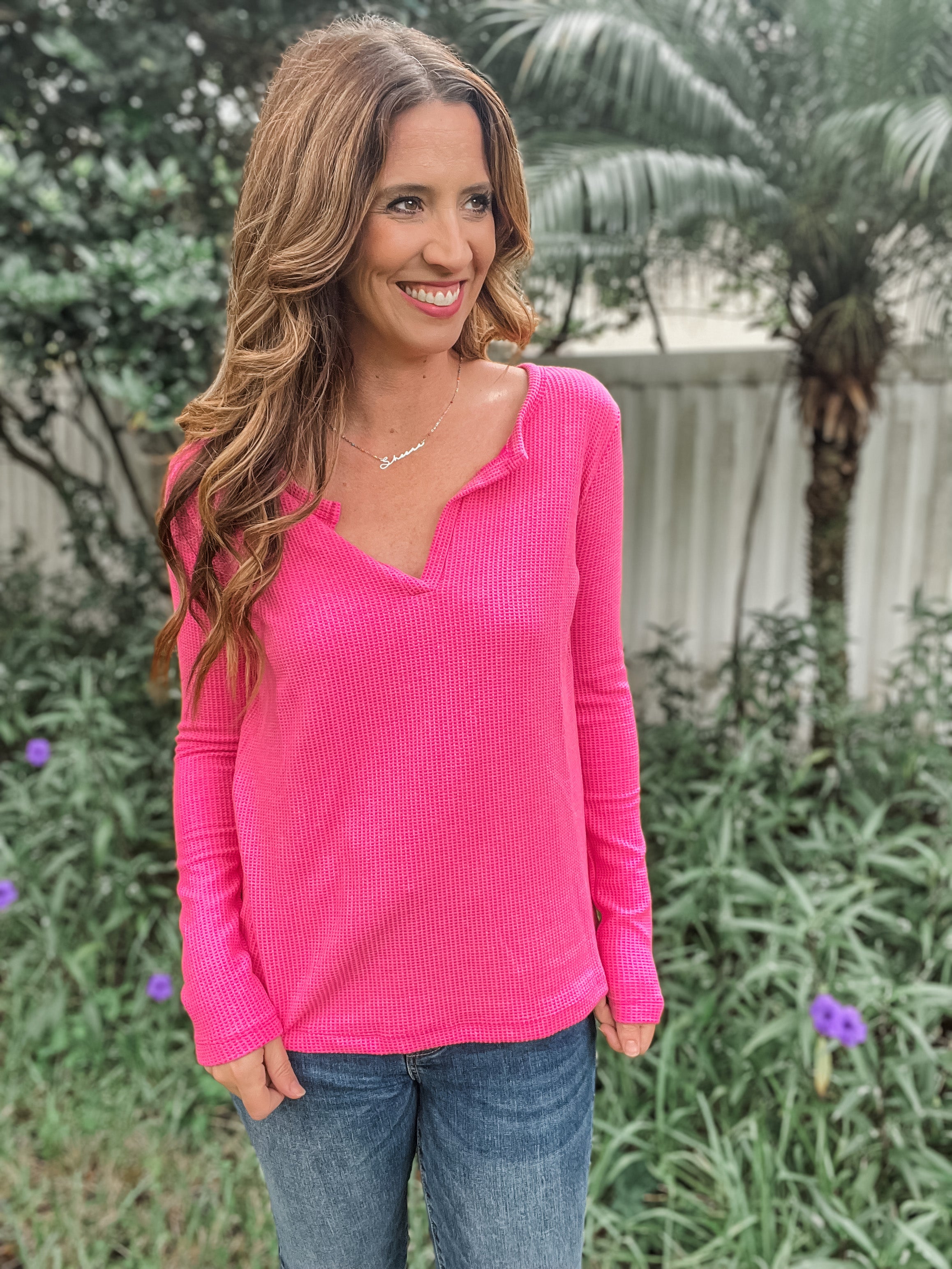 Melange Waffle V-Neck Long Sleeve Top