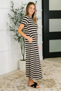 PREORDER: Cap Sleeve Maxi Dress in Black and Tan Stripe