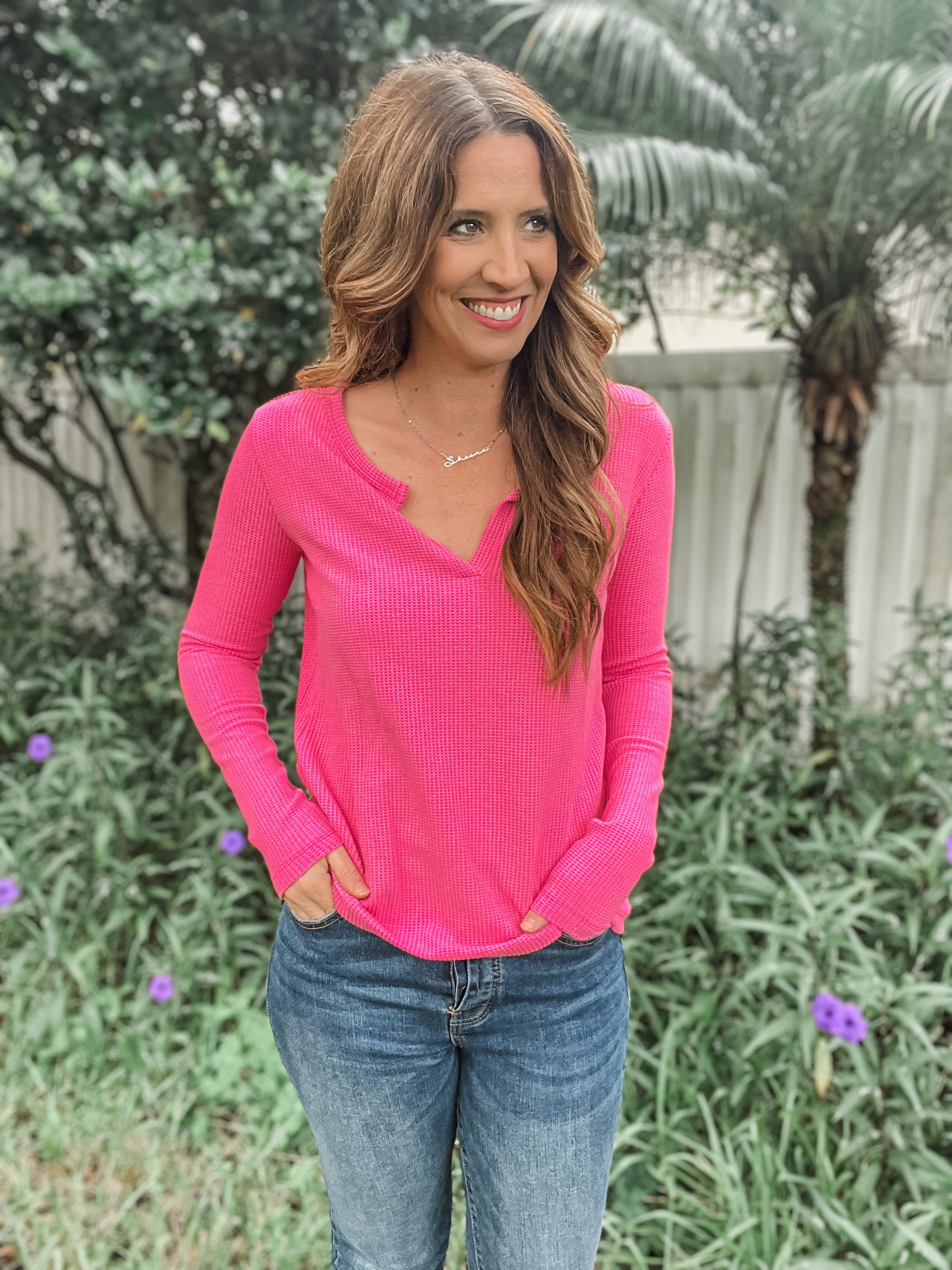 Melange Waffle V-Neck Long Sleeve Top