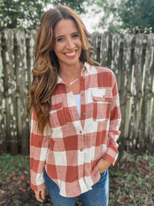 Clay Plaid Button Down Top