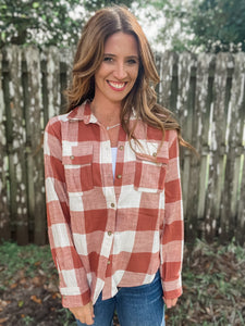Clay Plaid Button Down Top