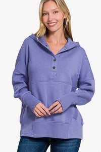 Zenana Half Snap Hoodie in Blue Purple