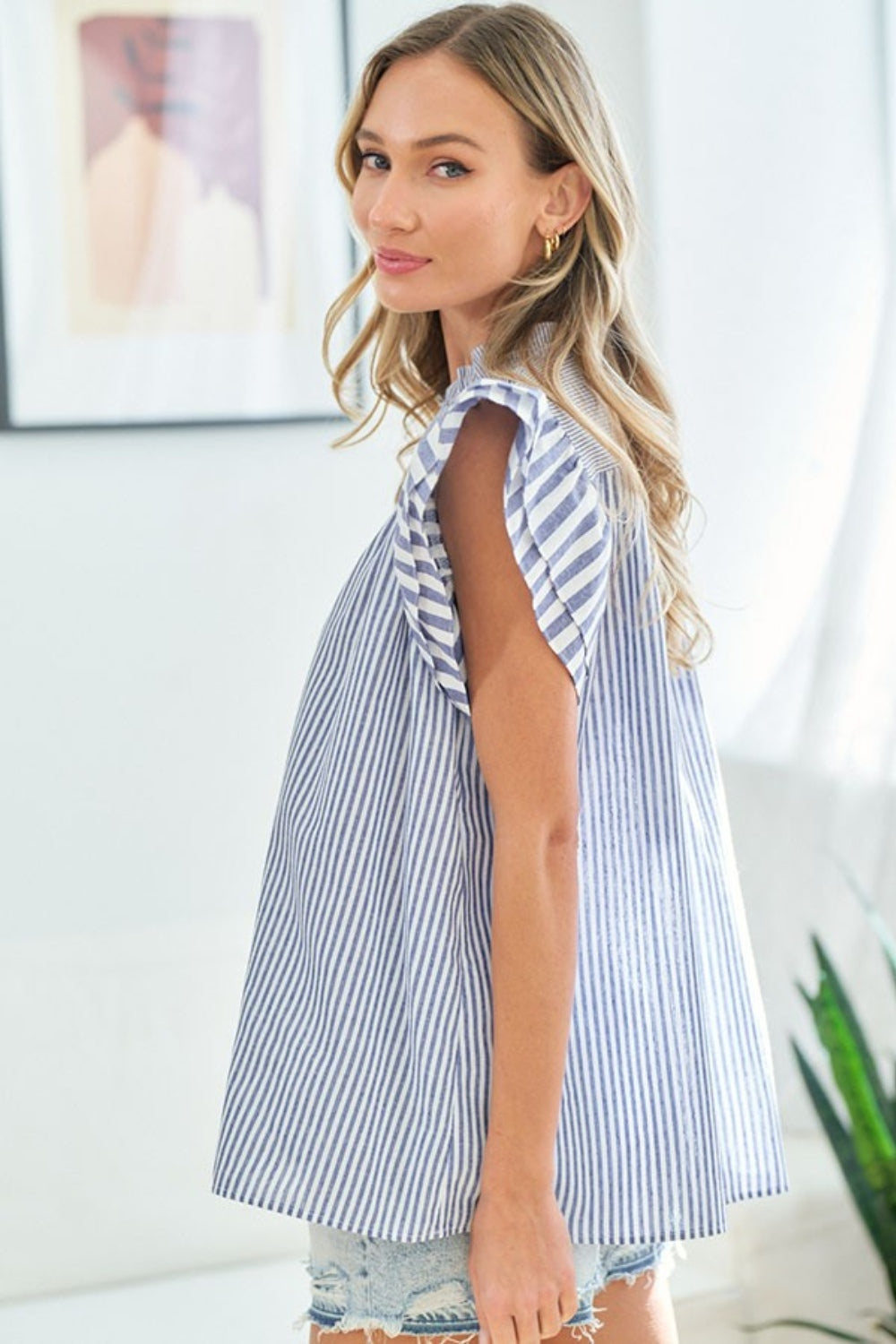 First Love Blue Striped Flutter Top