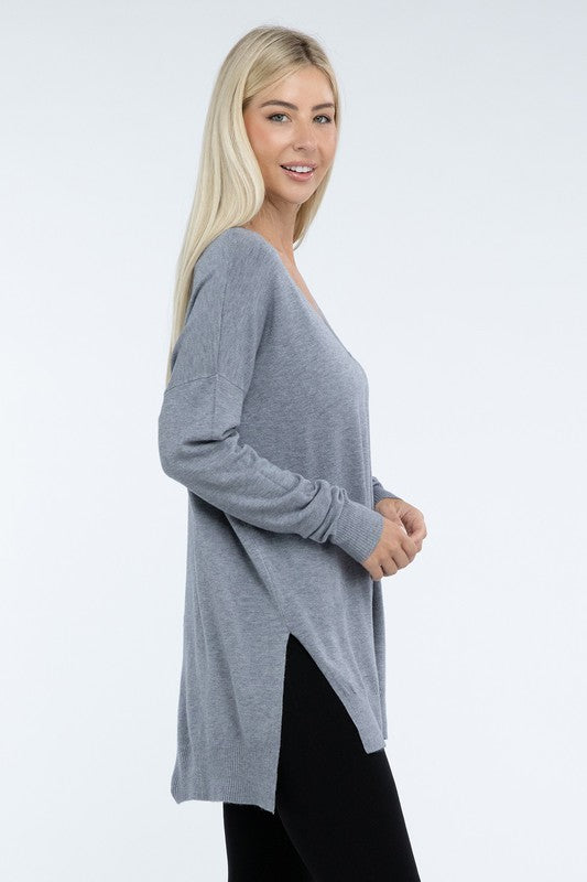 Zenana Hi-Low Hem Front Seam Sweater