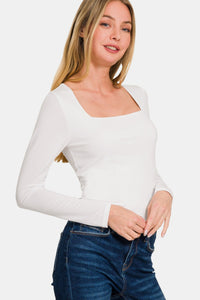 Zenana Square Neck Long Sleeve Tee in White