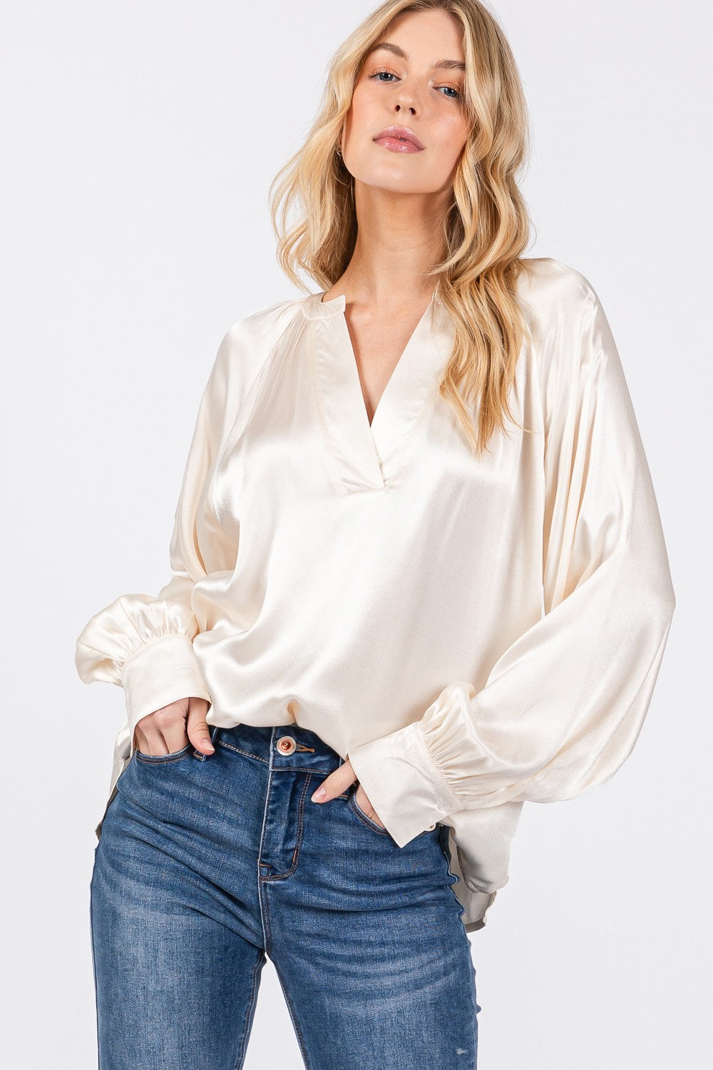 Sage & Fig Satin Blouse in Ivory