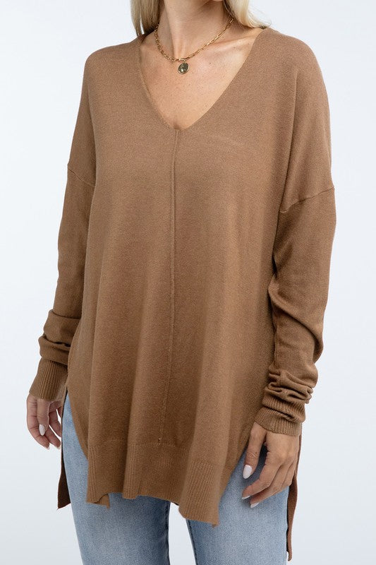 Zenana Hi-Low Hem Front Seam Sweater