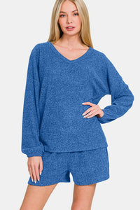 Zenana Long Sleeve Ribbed Top and Shorts Set in Royal Blue