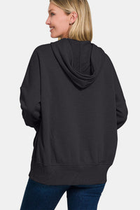 Zenana Half Snap Hoodie in Black