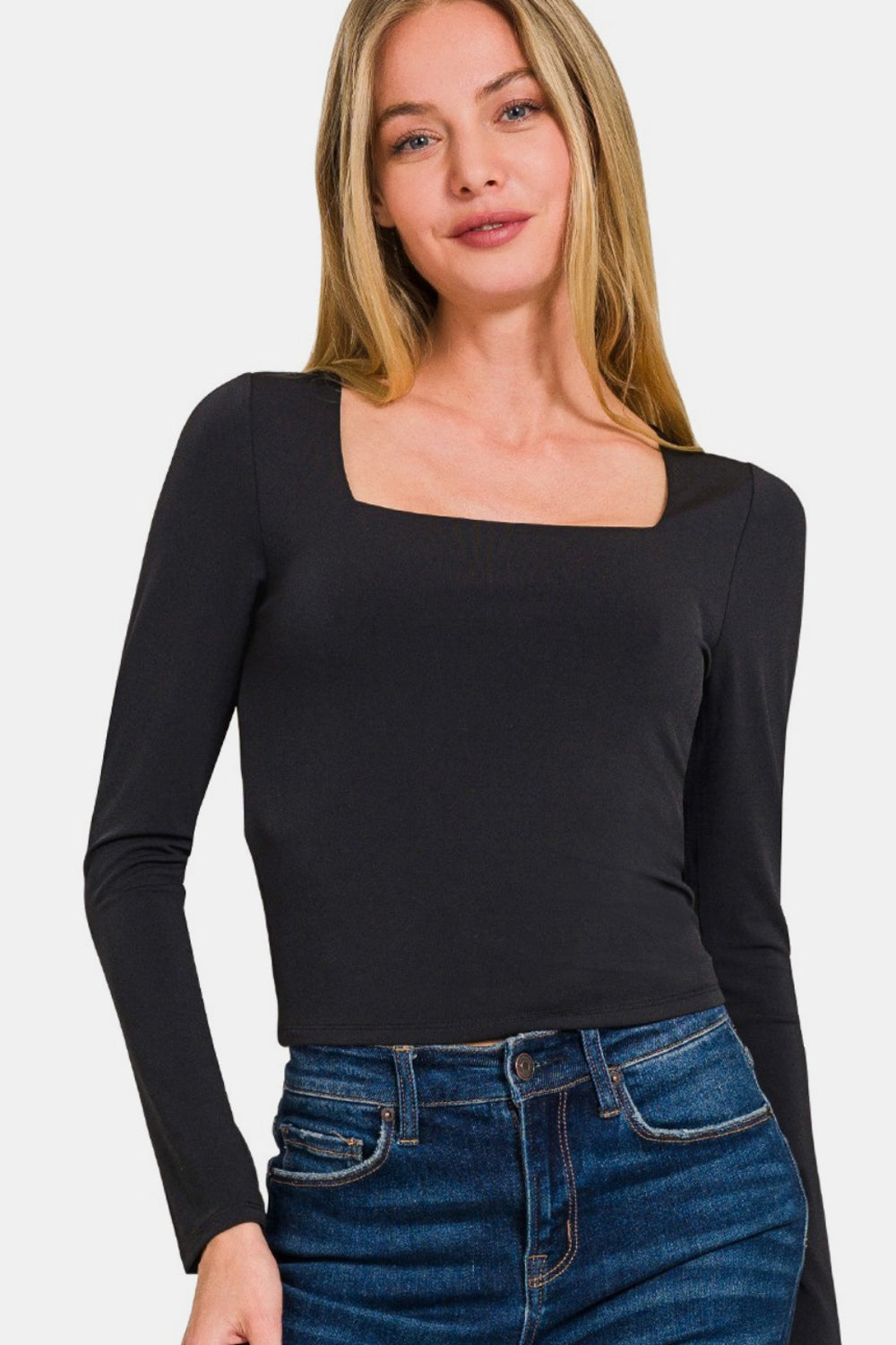 Zenana Square Neck Long Sleeve Tee in Black