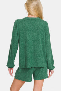 Zenana Long Sleeve Ribbed Top and Shorts Set in Dark Green