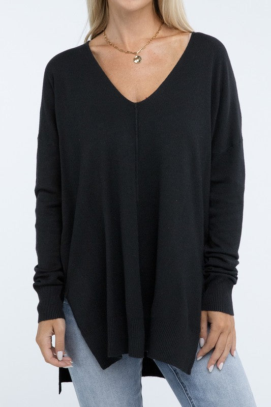 Zenana Hi-Low Hem Front Seam Sweater