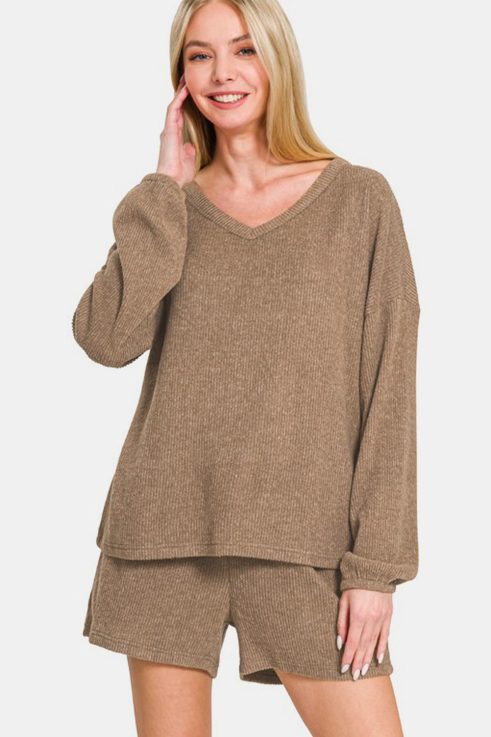 Zenana Long Sleeve Ribbed Top and Shorts Set in Camel