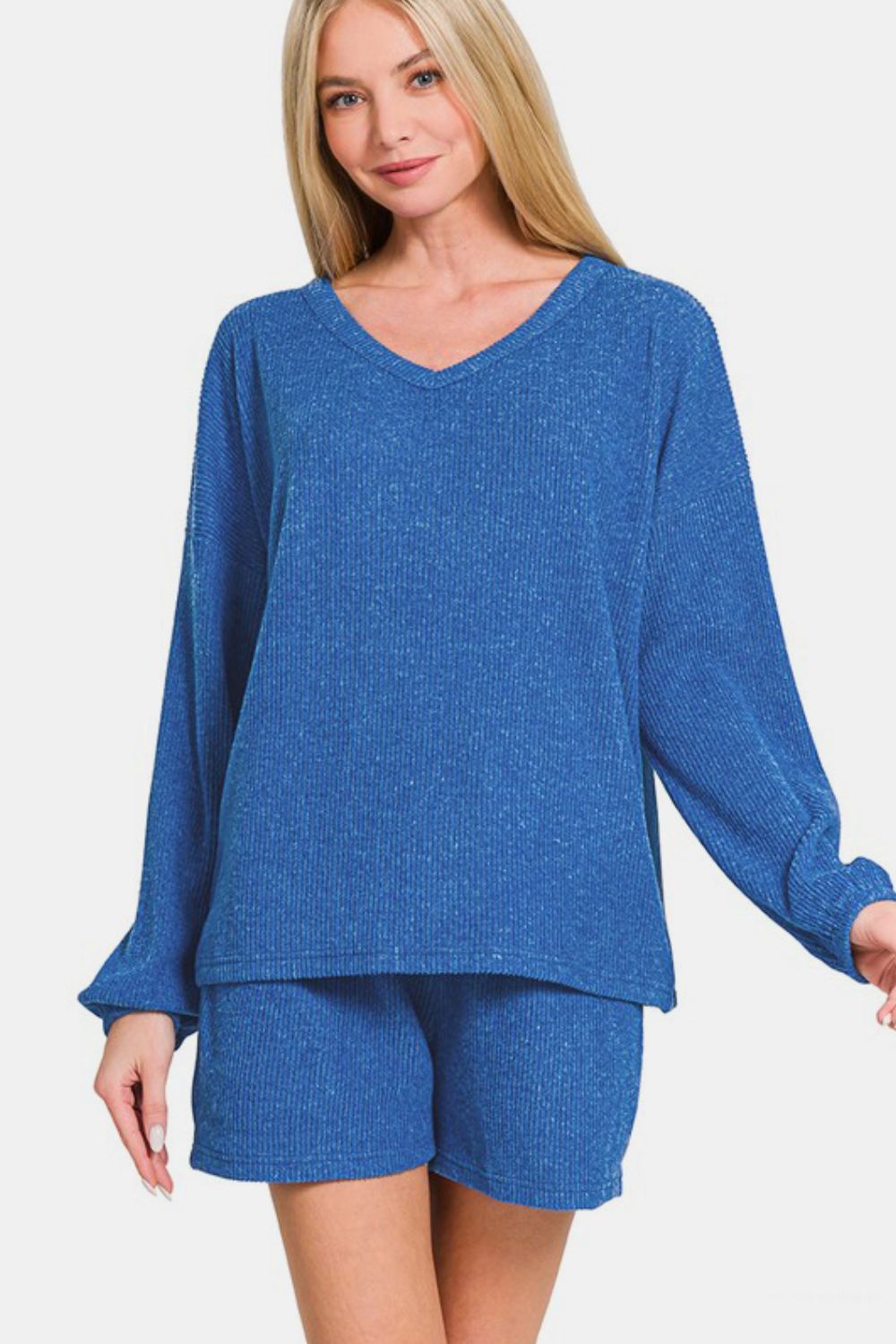 Zenana Long Sleeve Ribbed Top and Shorts Set in Royal Blue