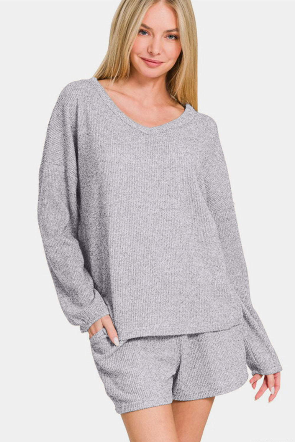 Zenana Long Sleeve Ribbed Top and Shorts Set in Gray