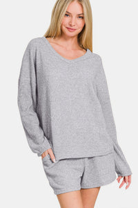 Zenana Long Sleeve Ribbed Top and Shorts Set in Gray