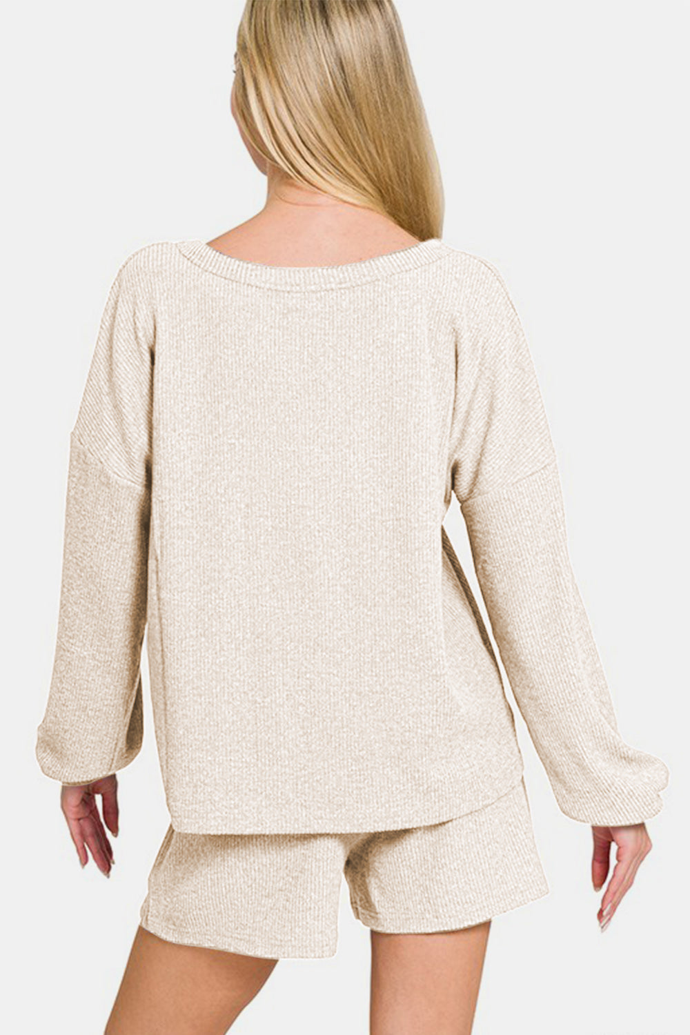 Zenana Long Sleeve Ribbed Top and Shorts Set in Beige