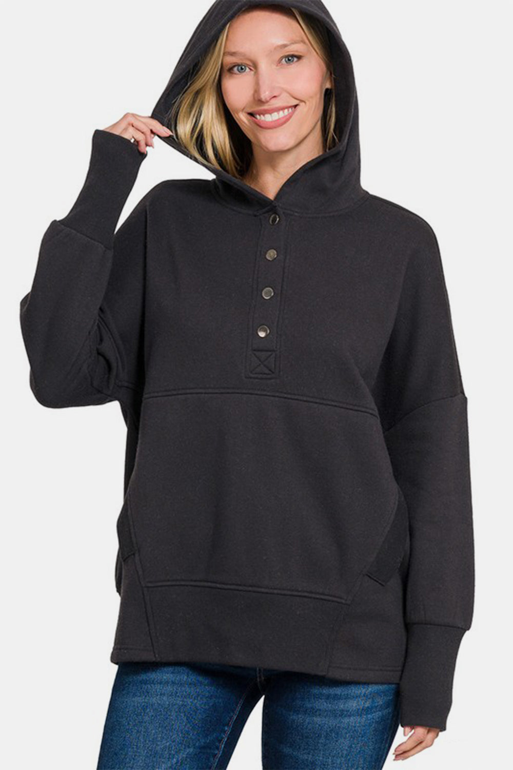 Zenana Half Snap Hoodie in Black