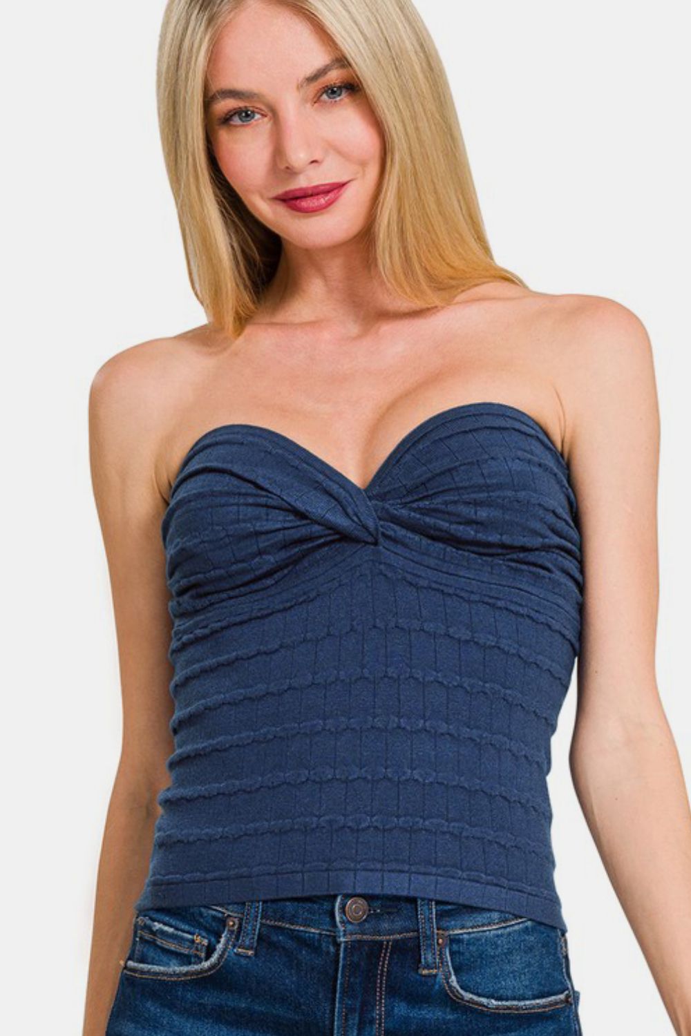 Zenana Twisted Sweetheart Tube Top in Navy