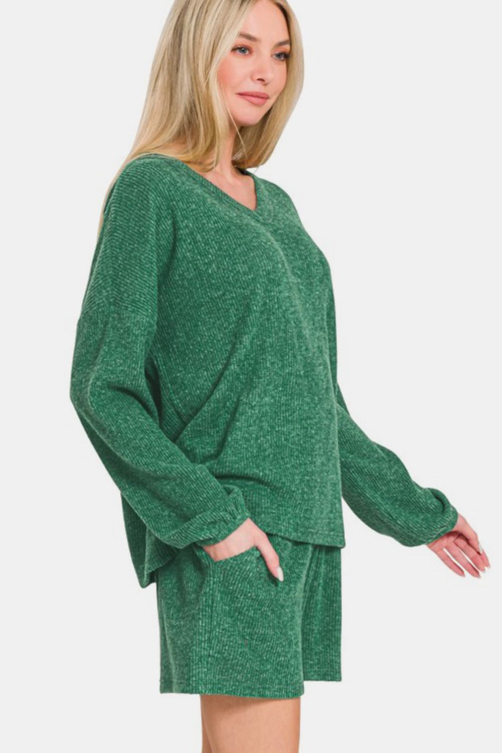 Zenana Long Sleeve Ribbed Top and Shorts Set in Dark Green