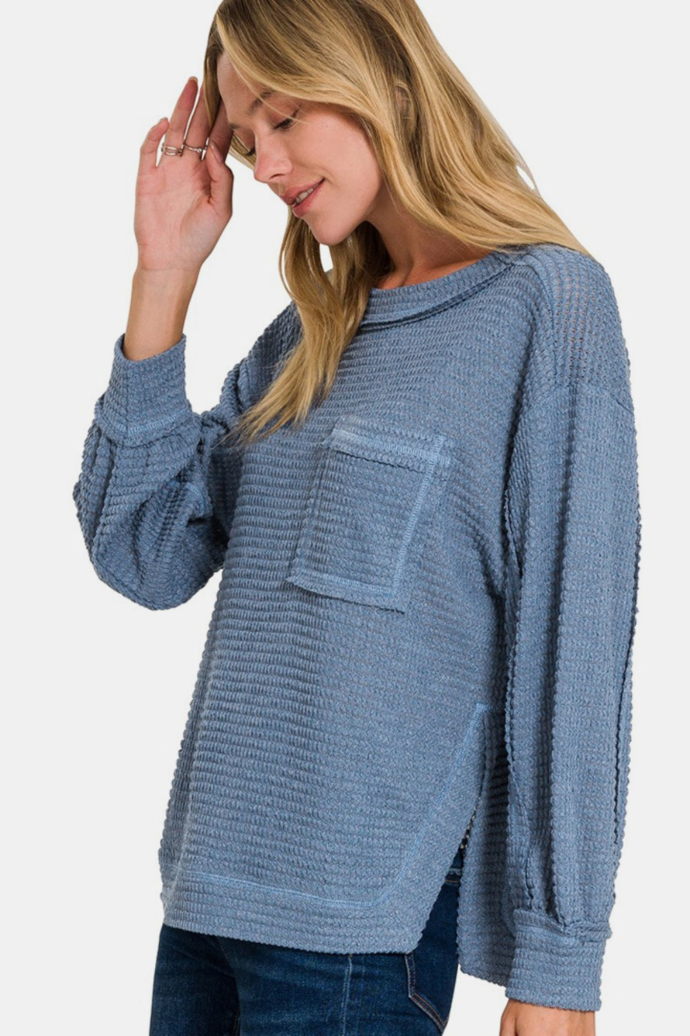 Zenana Stay Cozy Top in Dusty Blue