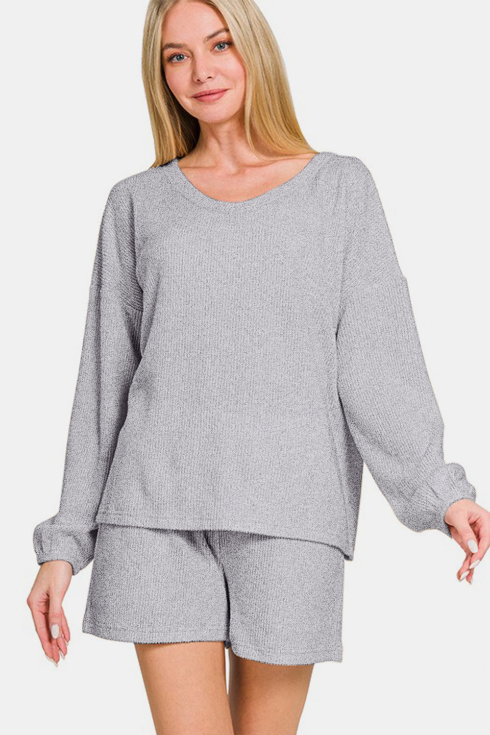 Zenana Long Sleeve Ribbed Top and Shorts Set in Gray