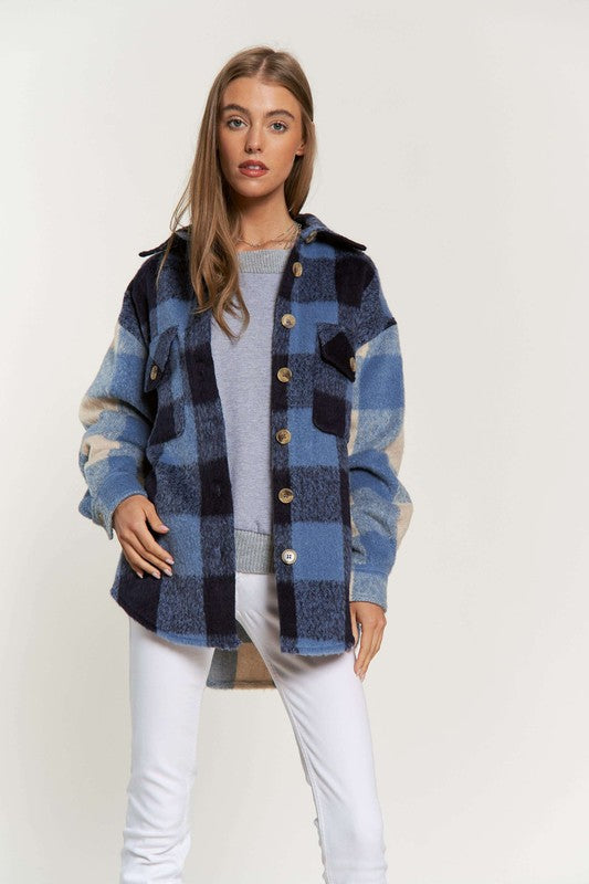 D & D Mixed Blue Plaid Shacket