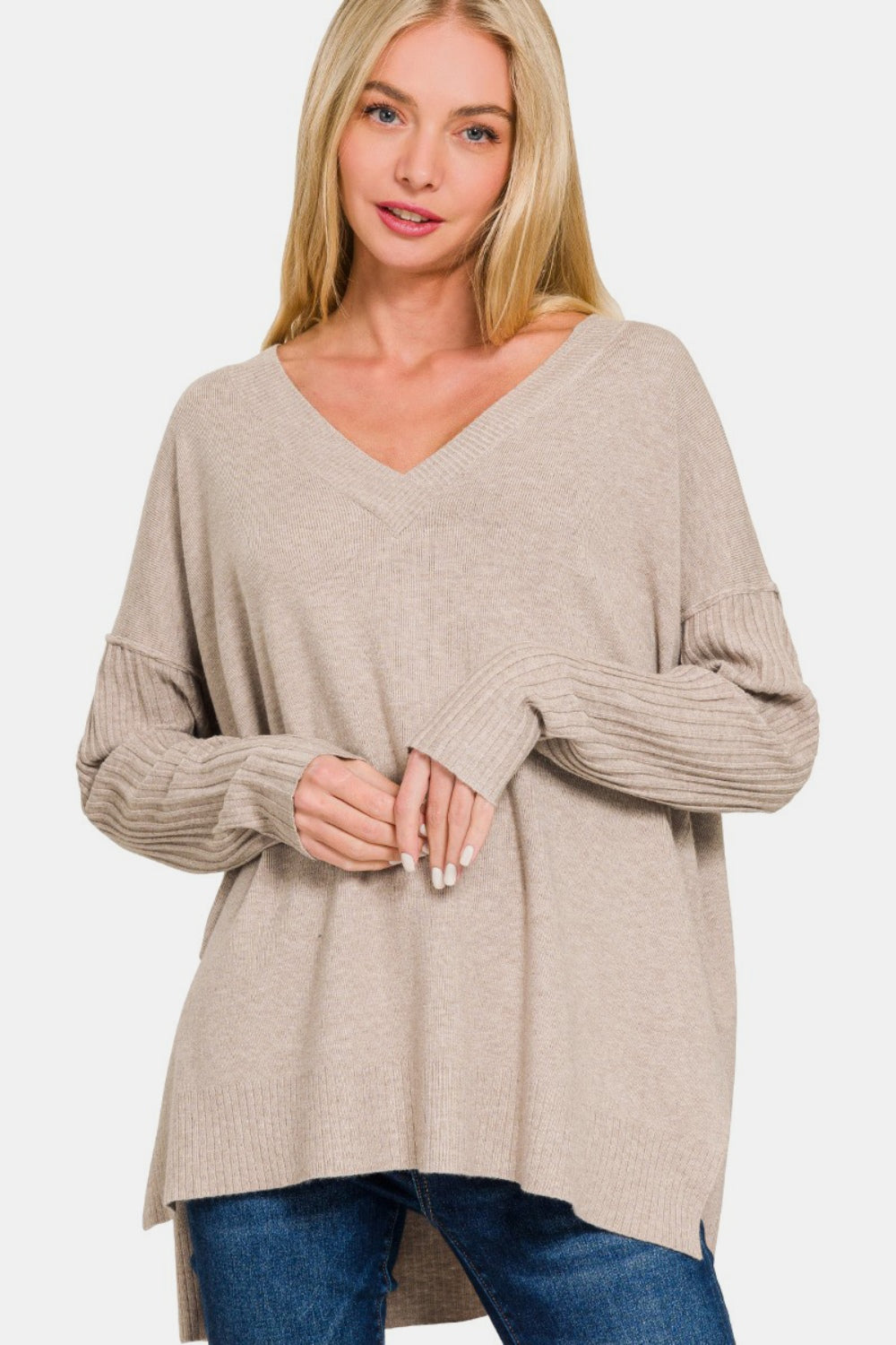 Zenana High-Low Sweater in Mocha