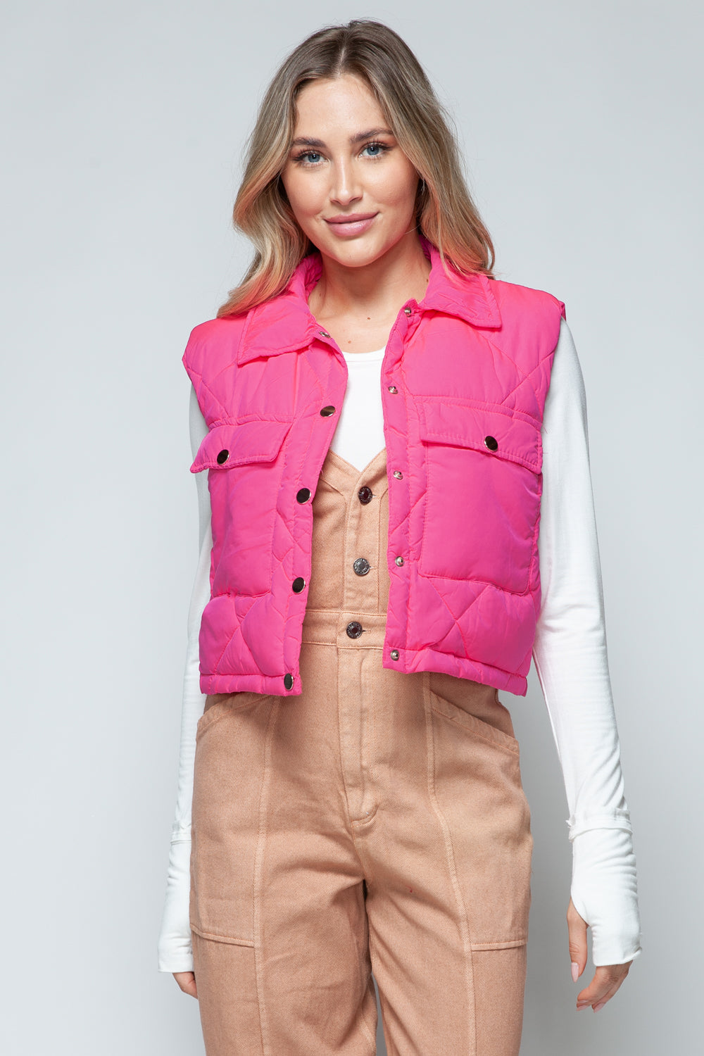 Snobbish Snap Down Quilted Crop Vest in Hot Pink