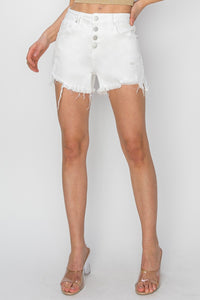 Risen White Button Fly Denim Shorts