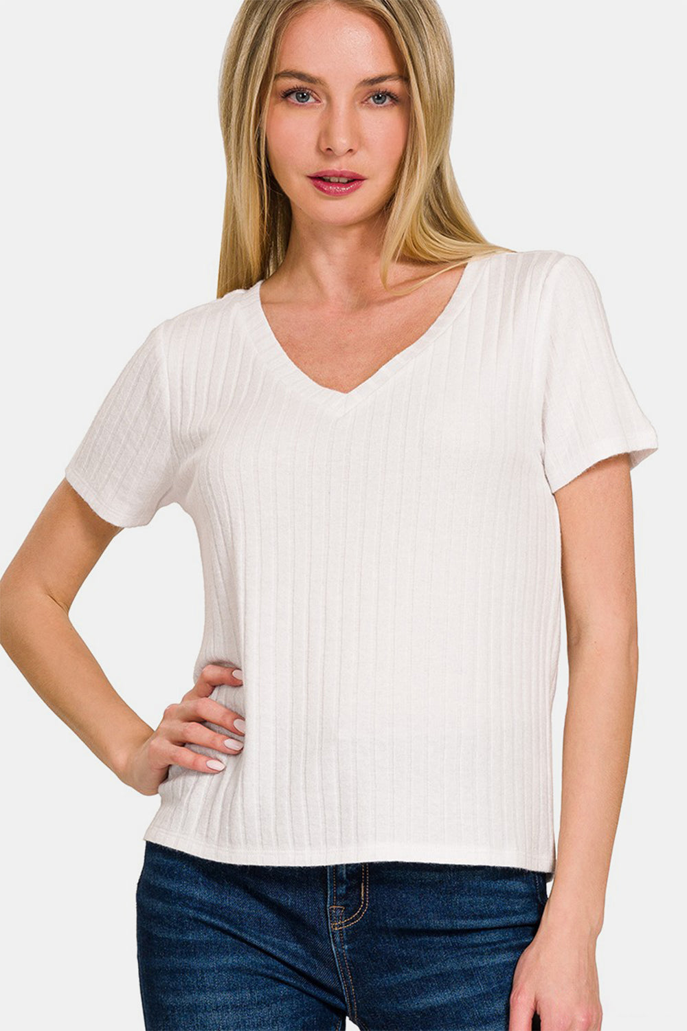 Zenana Ribbed White T-Shirt