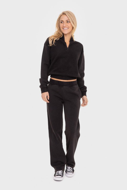 Mono B Elastic Waist Fleece Pants with Pockets in Black