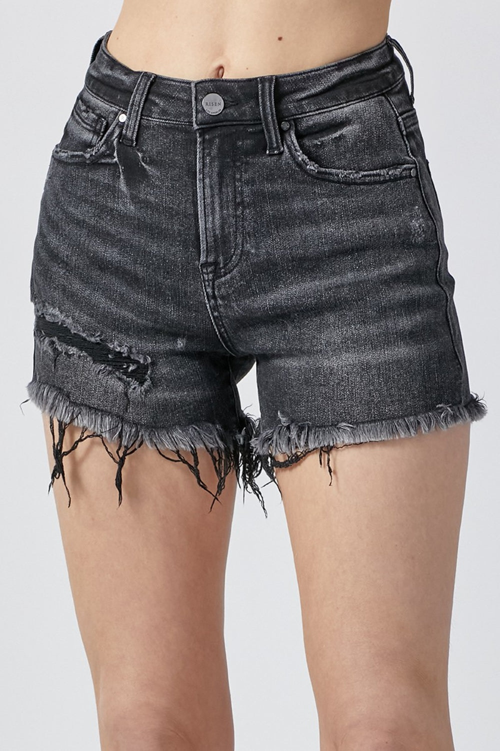 Risen Raw Hem Black Denim Shorts